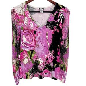 NYGARD Collection Sz Small 6-8 Pink Beaded Floral Wearable Art Sweater Shirt Top